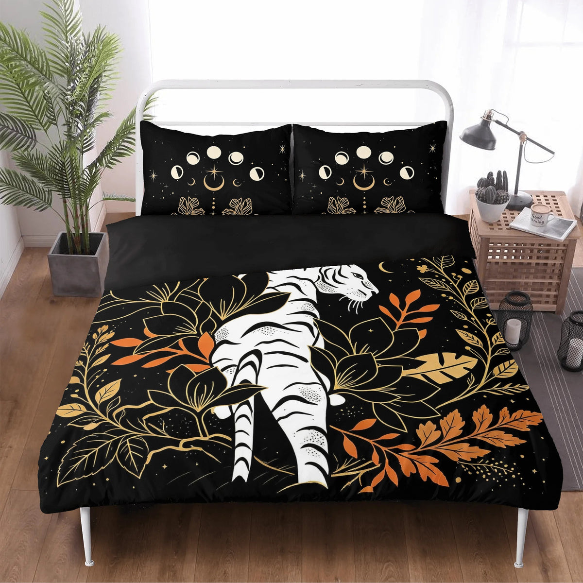 Celestial White Tiger Print - Three Piece Bedding Set