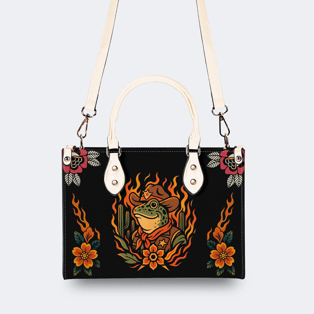 Flame Cowboy Frog Print - Leather Handbag