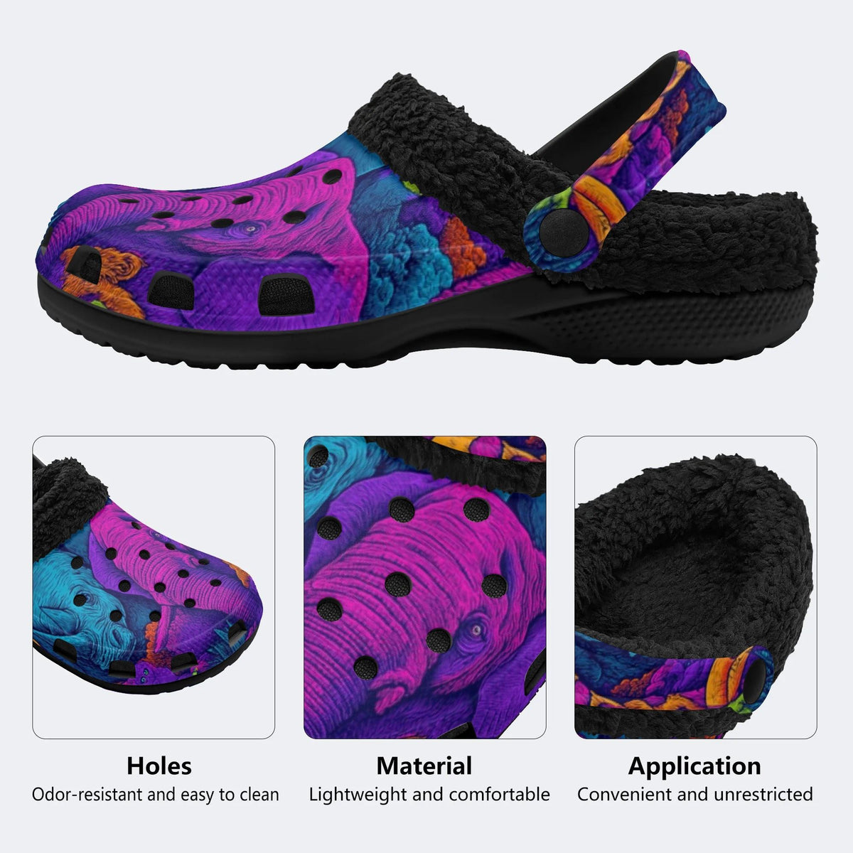 Psychedelic Purple Elephant - Fur Lined Slippers/Sandals