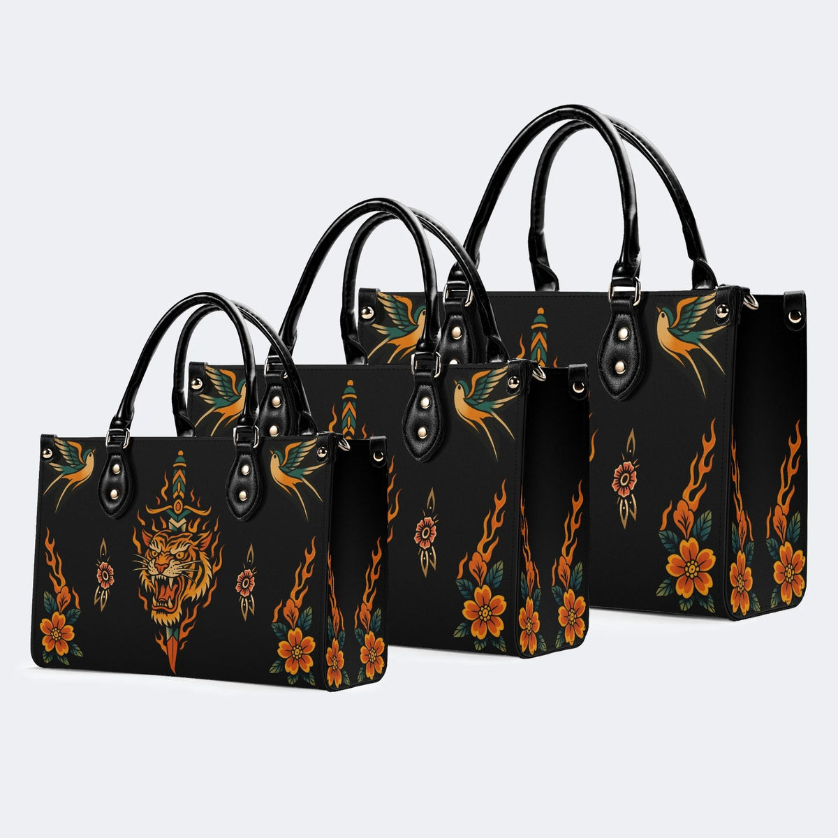 Old School Flame Tiger Print - Leather Handbag
