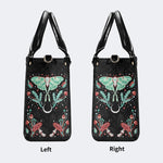 Green Moth In Mushroom Bush - Leather Handbag