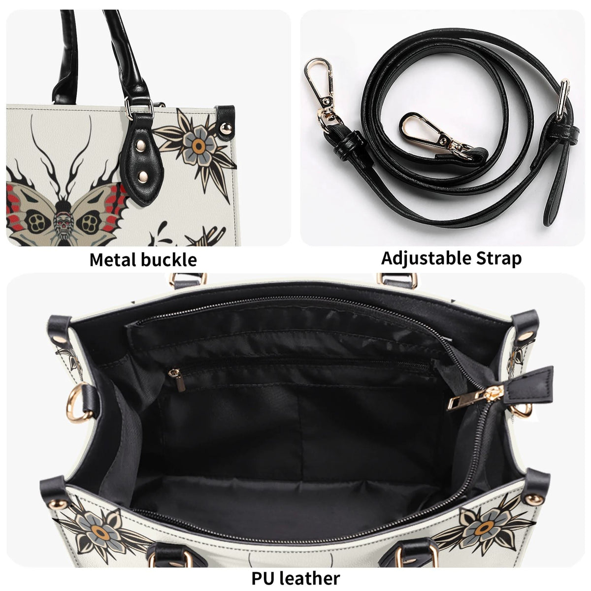 Death Moth And Flowers - Leather Handbag