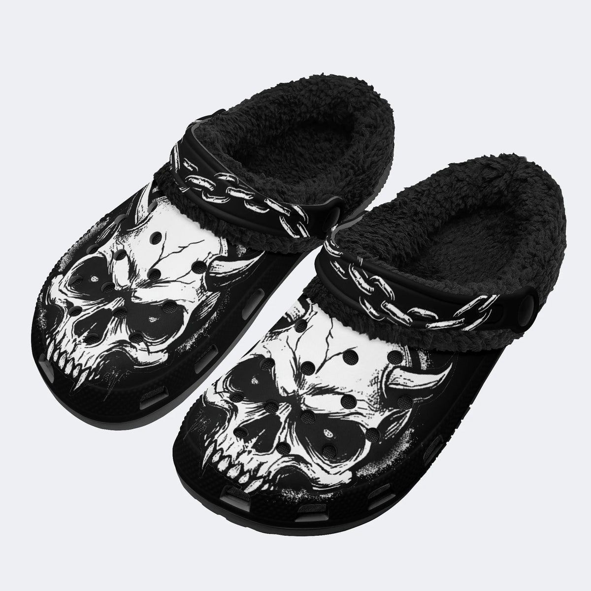 Gothic Horned Skull Chain - Fur Lined Slippers/Sandals