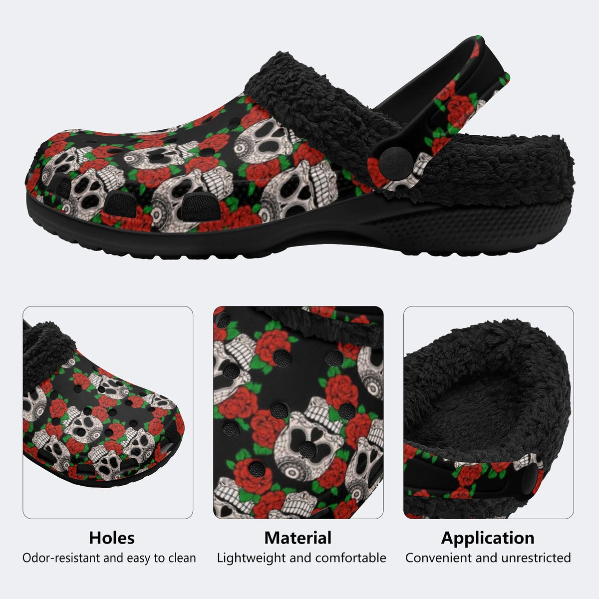 Vintage Skull Red Roses - Fur Lined Slippers/Sandals