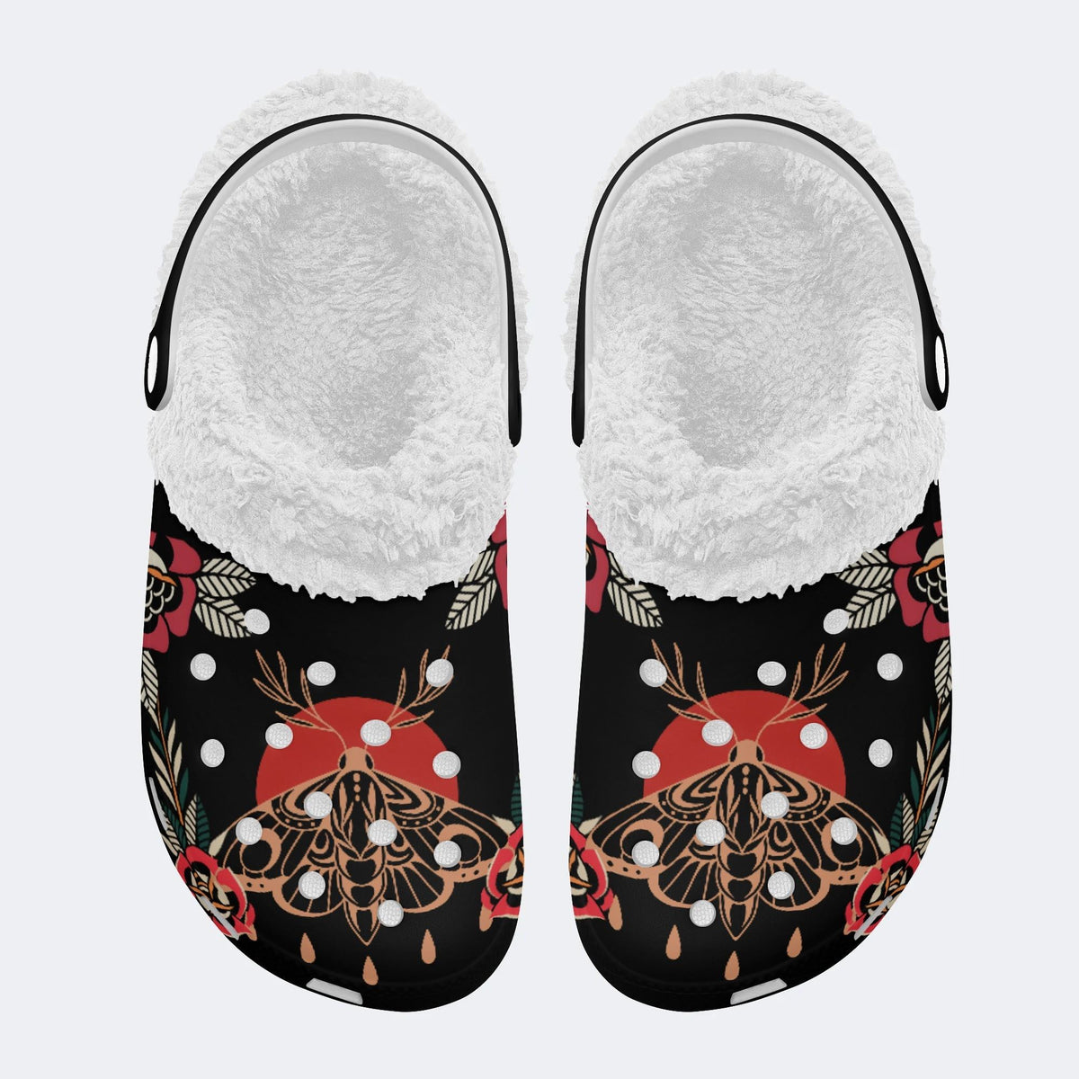 Vintage Death Moth Print - Fur Lined Slippers/Sandals