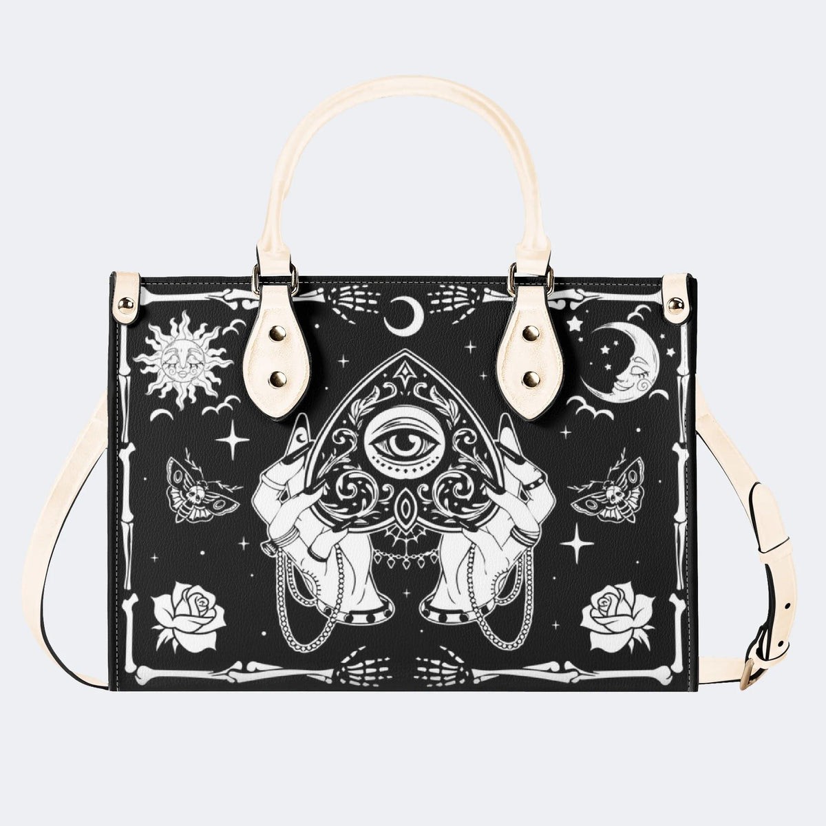 Poker Eyes And Moth Print - Leather Handbag