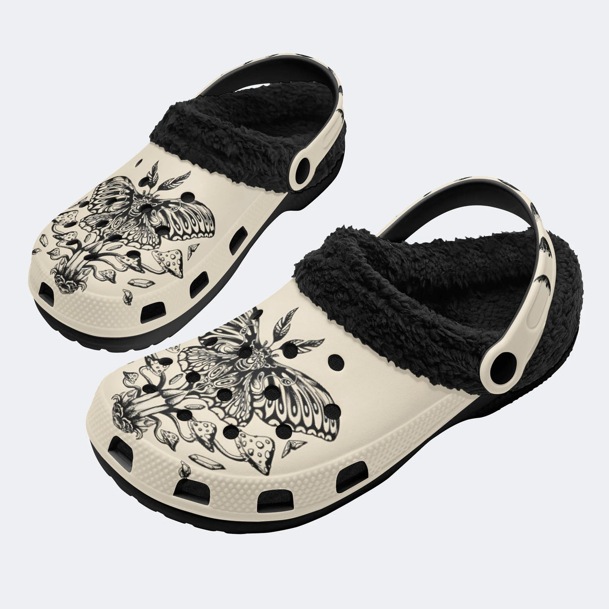 Luna Moth And Mushroom Mystical Moon Moth Witchy - Fur Lined Slippers/Sandals