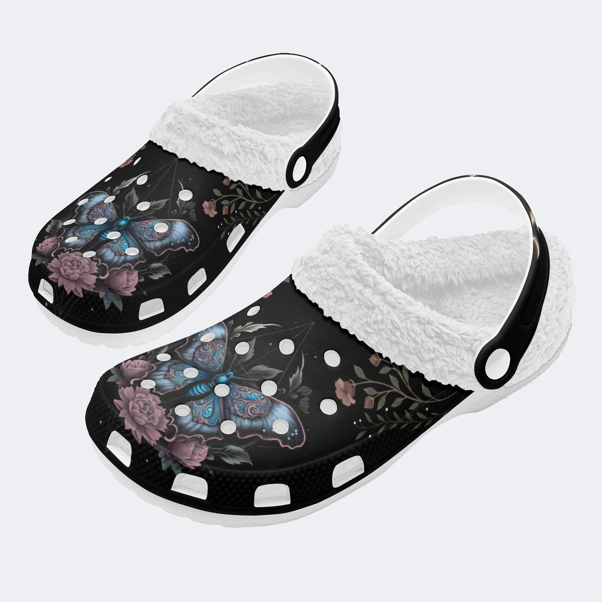 Floral Moth Print - Fur Lined Slippers/Sandals