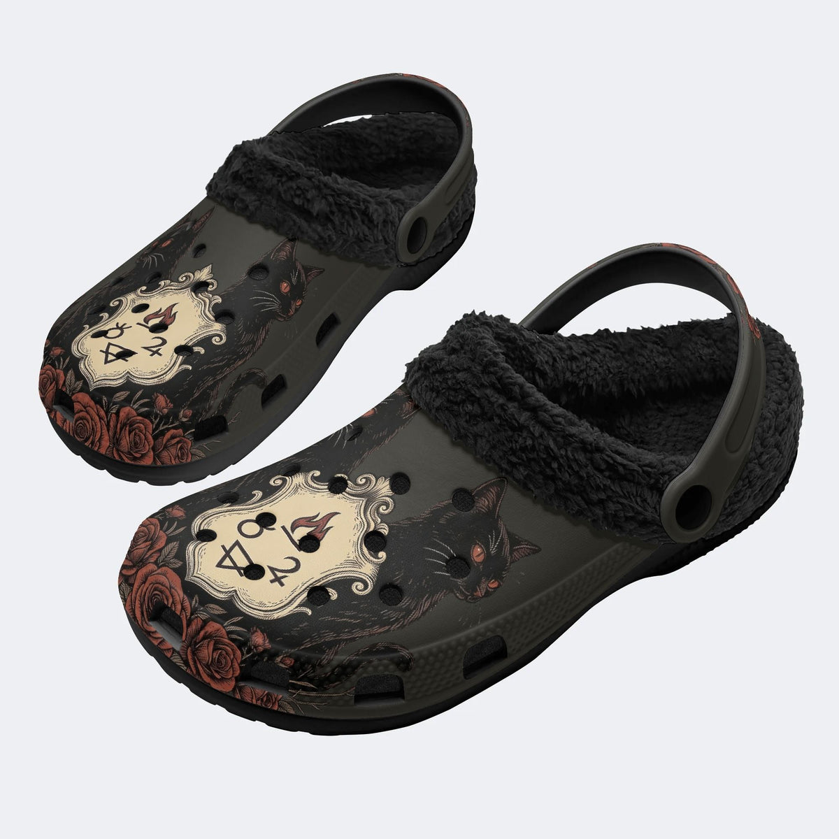 Vampire Black Cat Print - Fur Lined Slippers/Sandals
