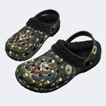 Skull And Moth Print - Fur Lined Slippers/Sandals