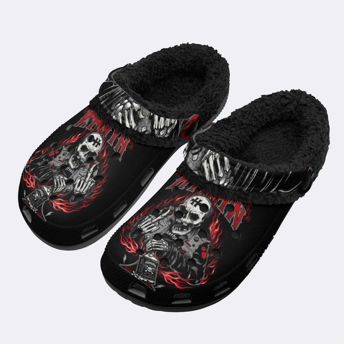 Gothic Hell Biker Skull - Fur Lined Slippers/Sandals