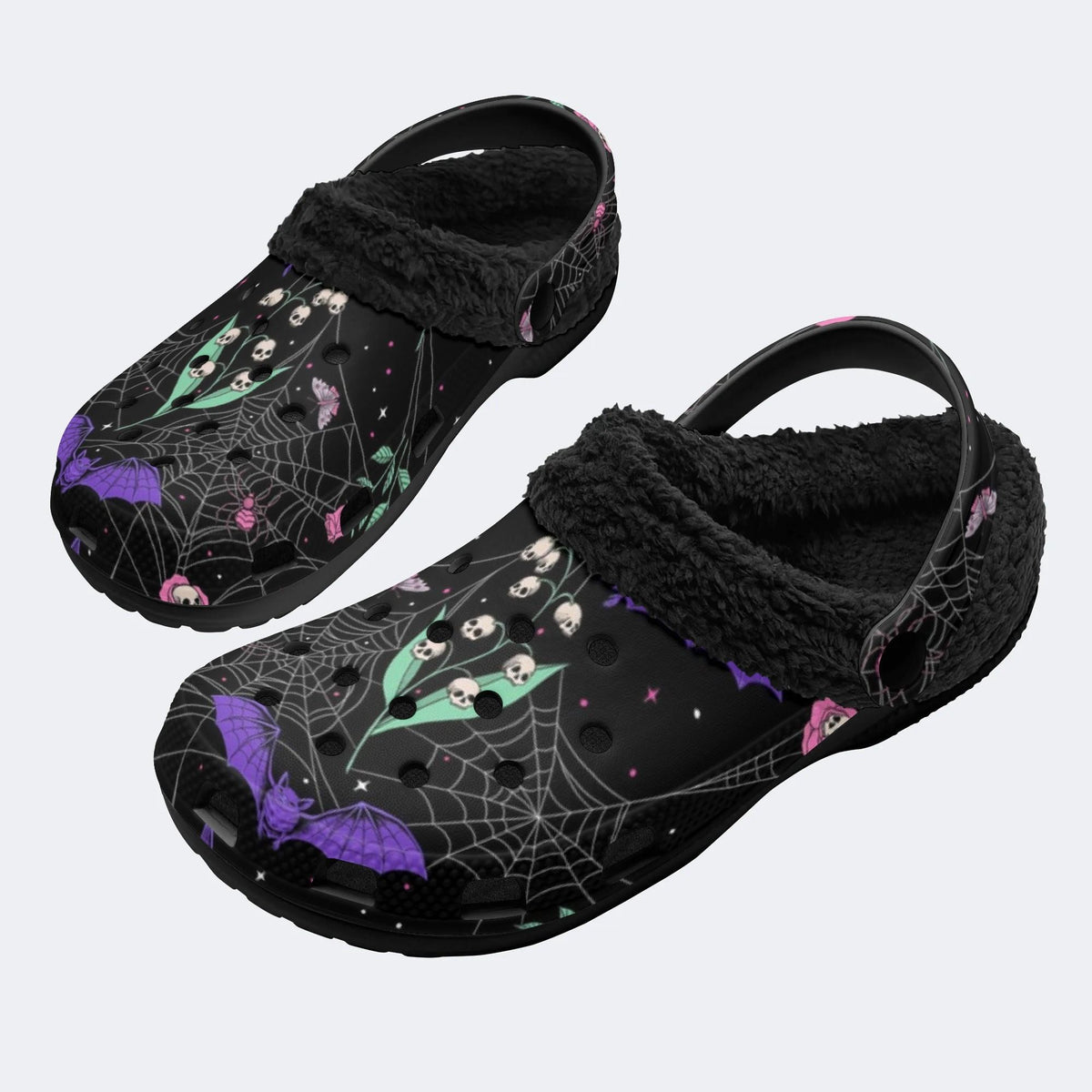 Gothic Bat Floral Skull‑Fur Lined Slippers Sandals