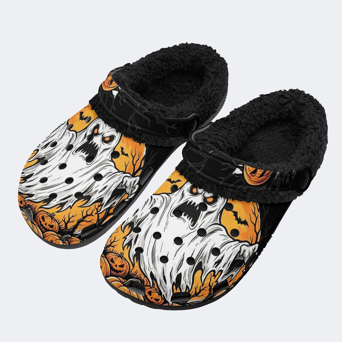 Gothic Ghost Pumpkin Bat Halloween - Fur Lined Slippers/Sandals