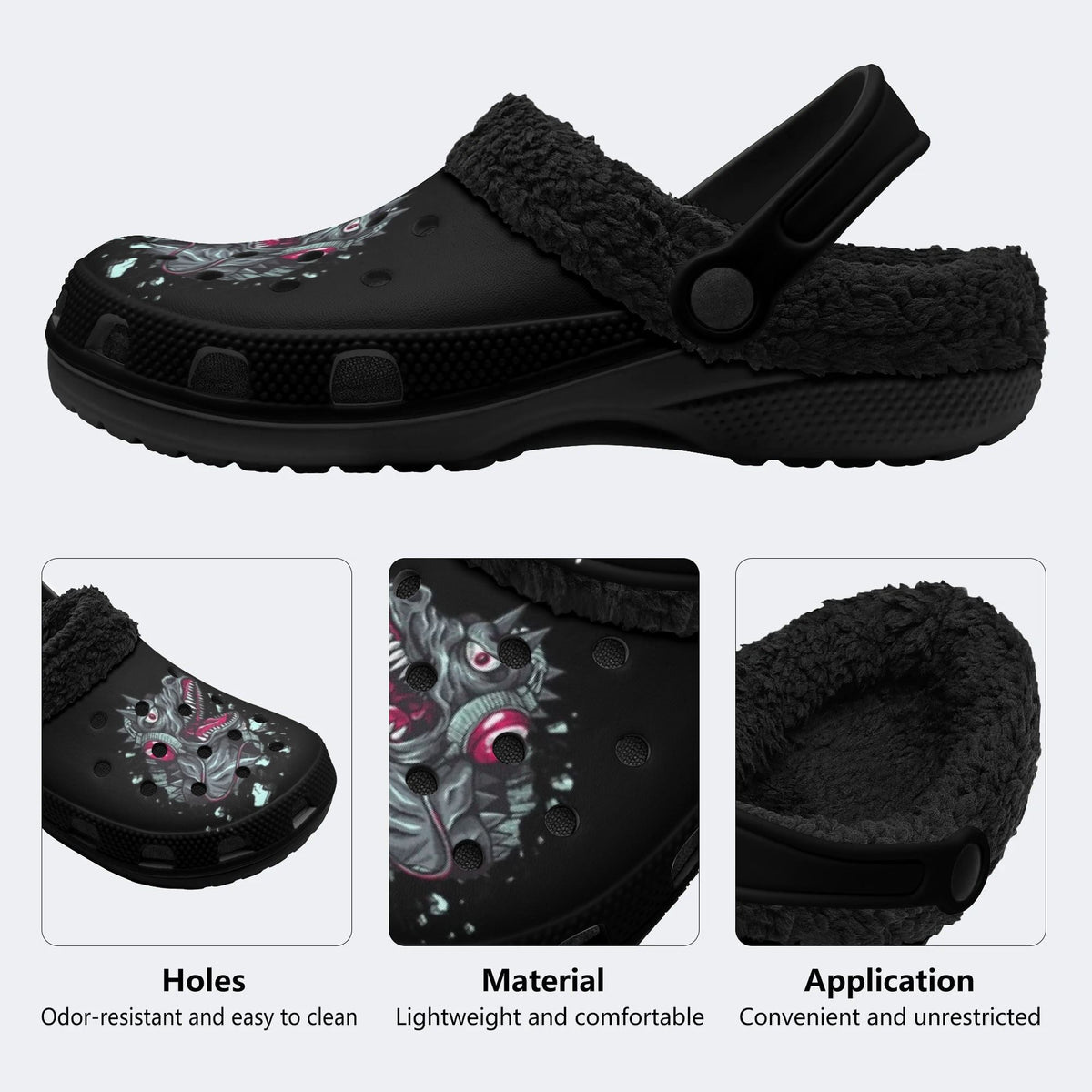 Punk Headphone Dinosaur - Fur Lined Slippers/Sandals