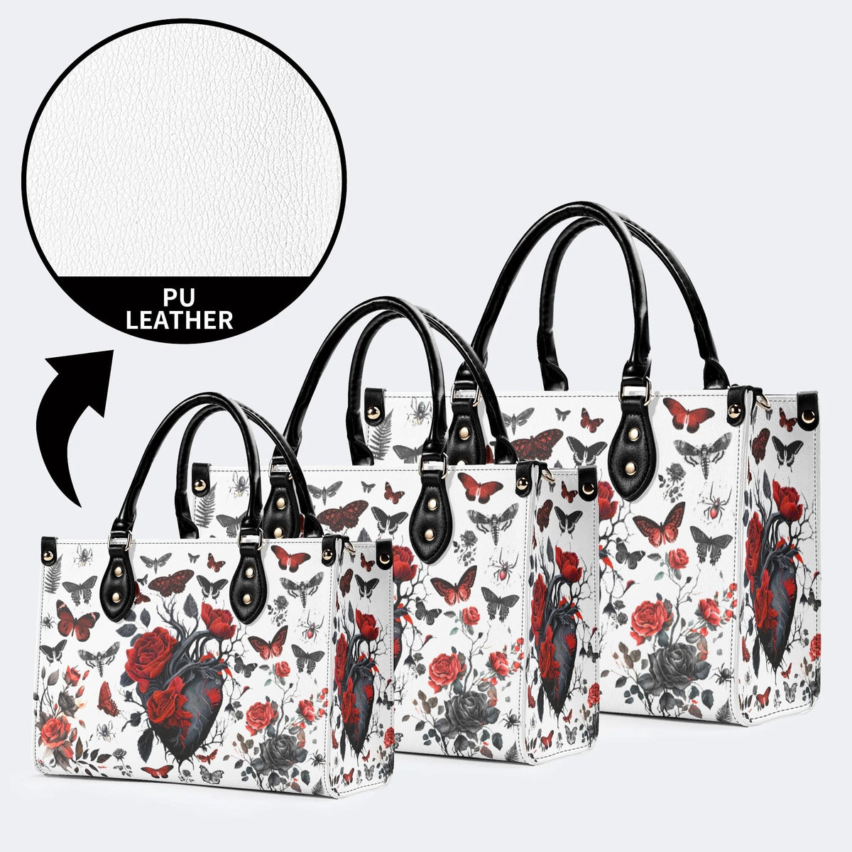 Heart Rose Butterfly Print - Leather Handbag