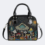 Retro Dark Mushroom Eyes Halloween Print - Leather Shoulder Handbag