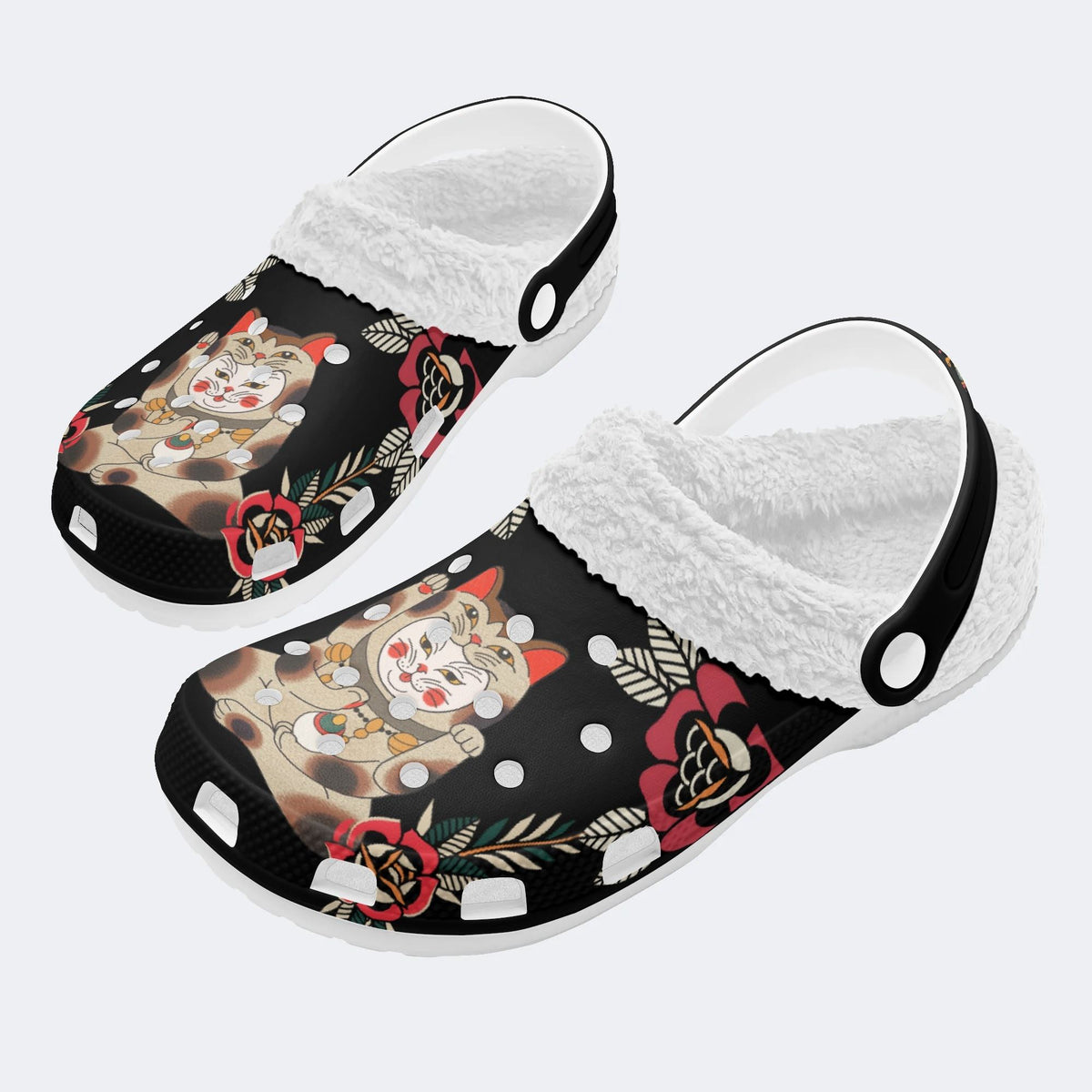 Lucky Cat Print - Fur Lined Slippers/Sandals