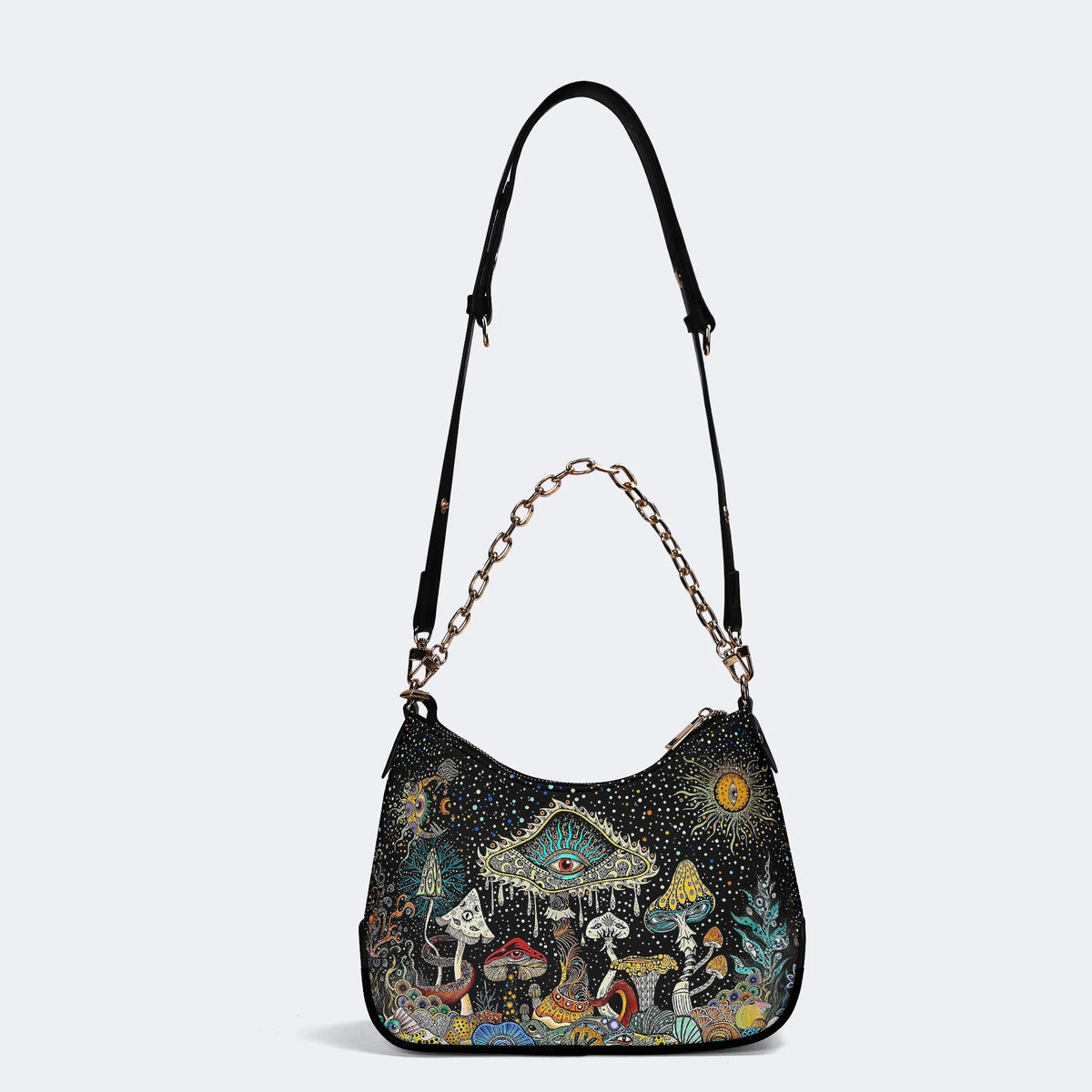 Retro Dark Mushroom Eyes Halloween Print - Leather Crossbody Bag