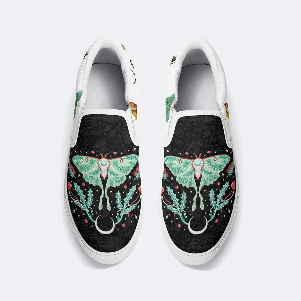 Green Moth In Mushroom Bush - Slip On Shoes