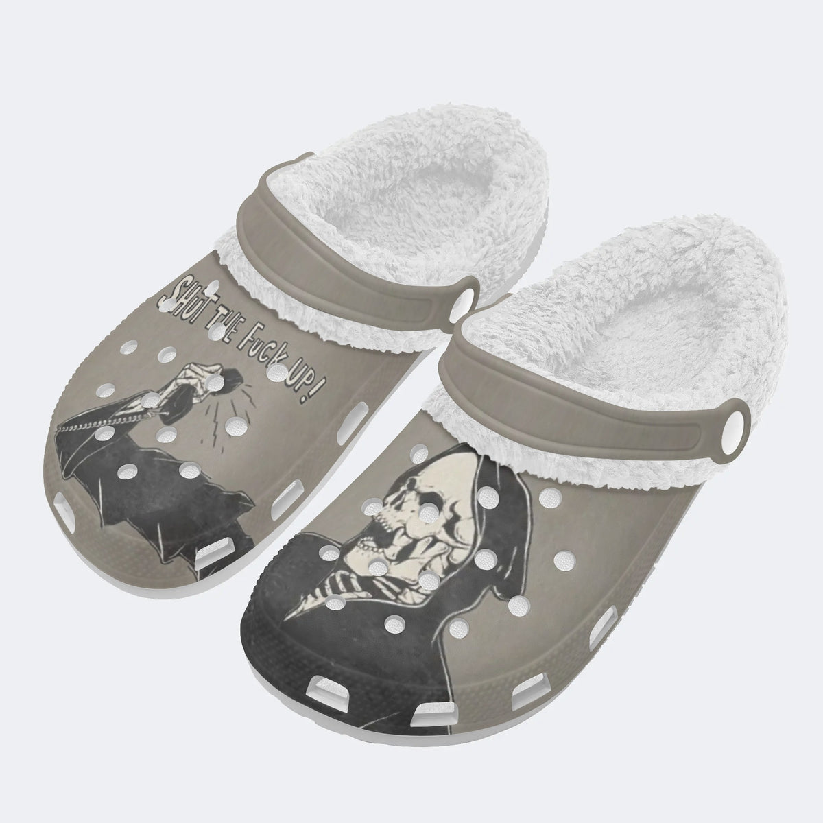 Unisex Skull Print - Fur Lined Slippers