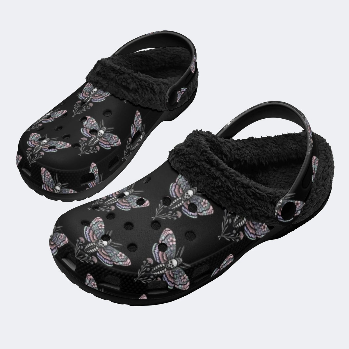 Gothic Skull Moth‑Fur Lined Slippers Sandals