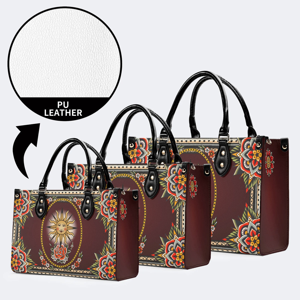 Vintage Smiling Sun Print - Leather Handbag
