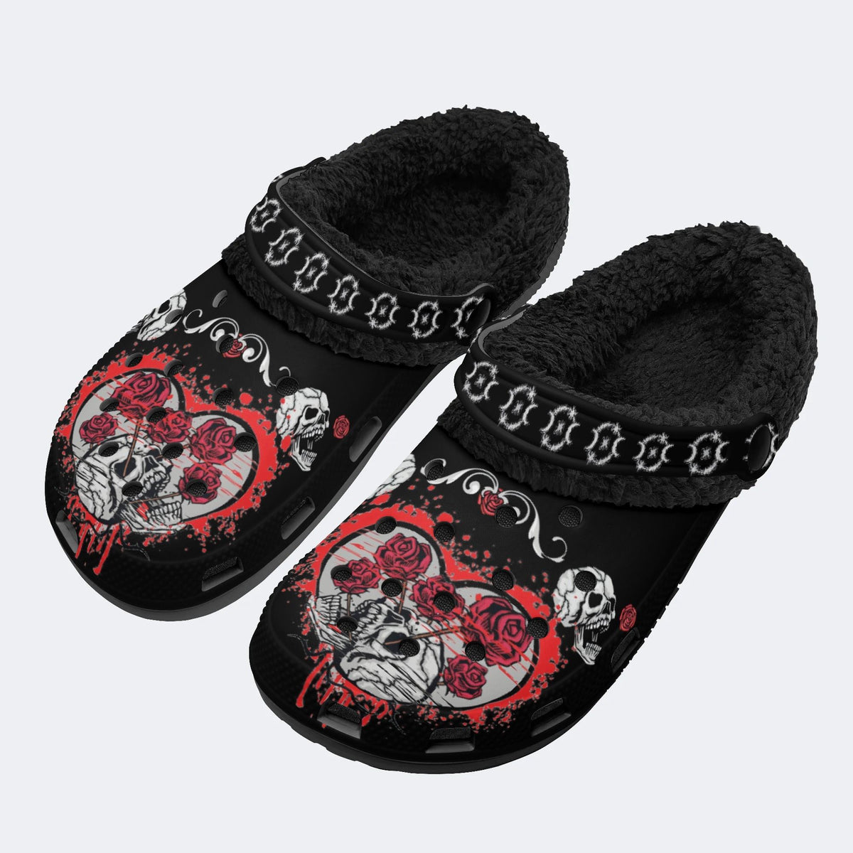 Rose Heart Skull Print - Fur Lined Slippers/Sandals