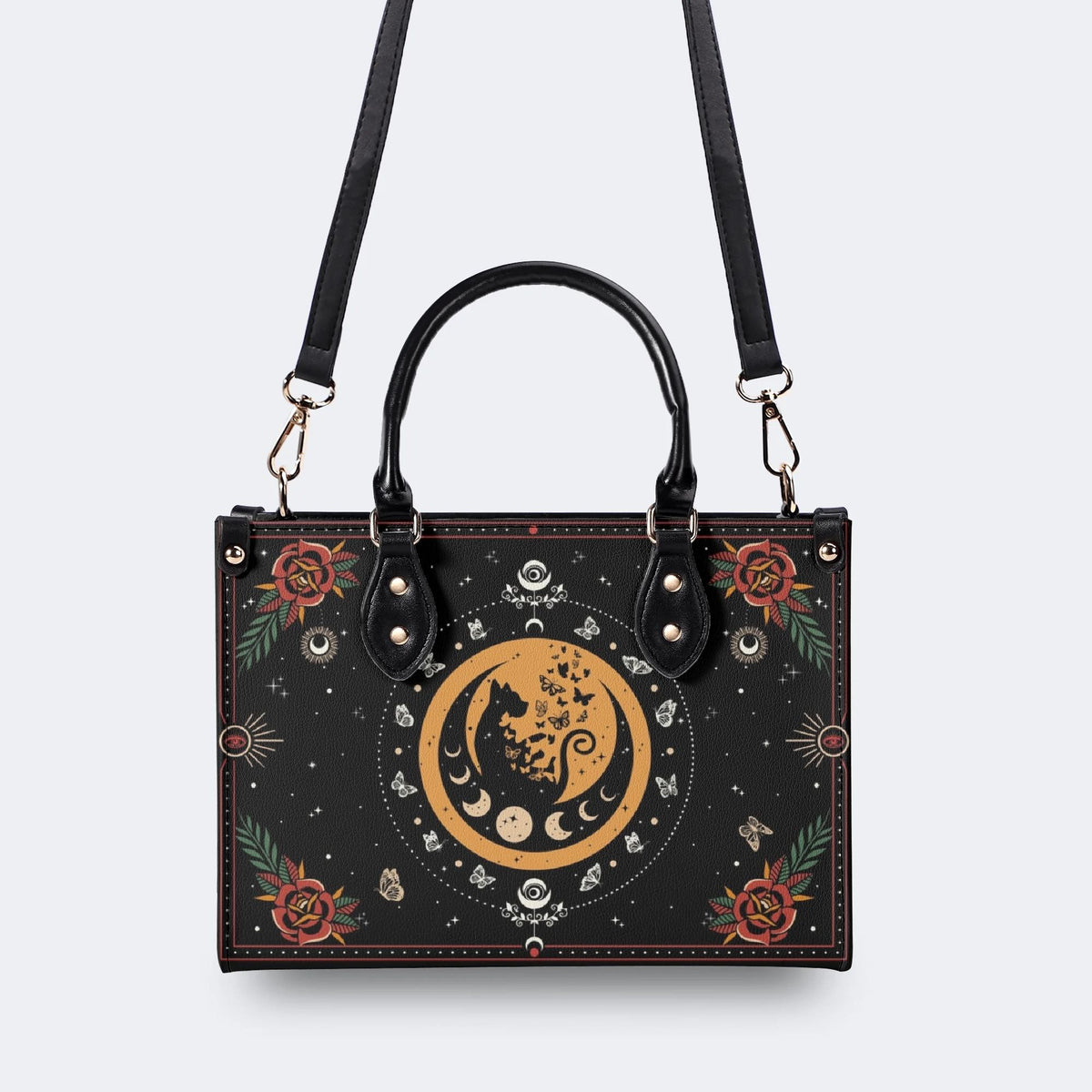 Dark Retro Moon Cat And Moth Print - Leather Handbag