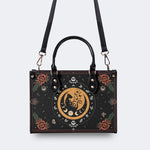 Dark Retro Moon Cat And Moth Print - Leather Handbag