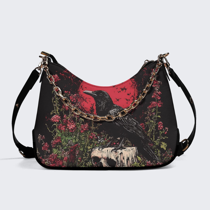 Crow Standing On Skull Print Leather Crossbody Bag