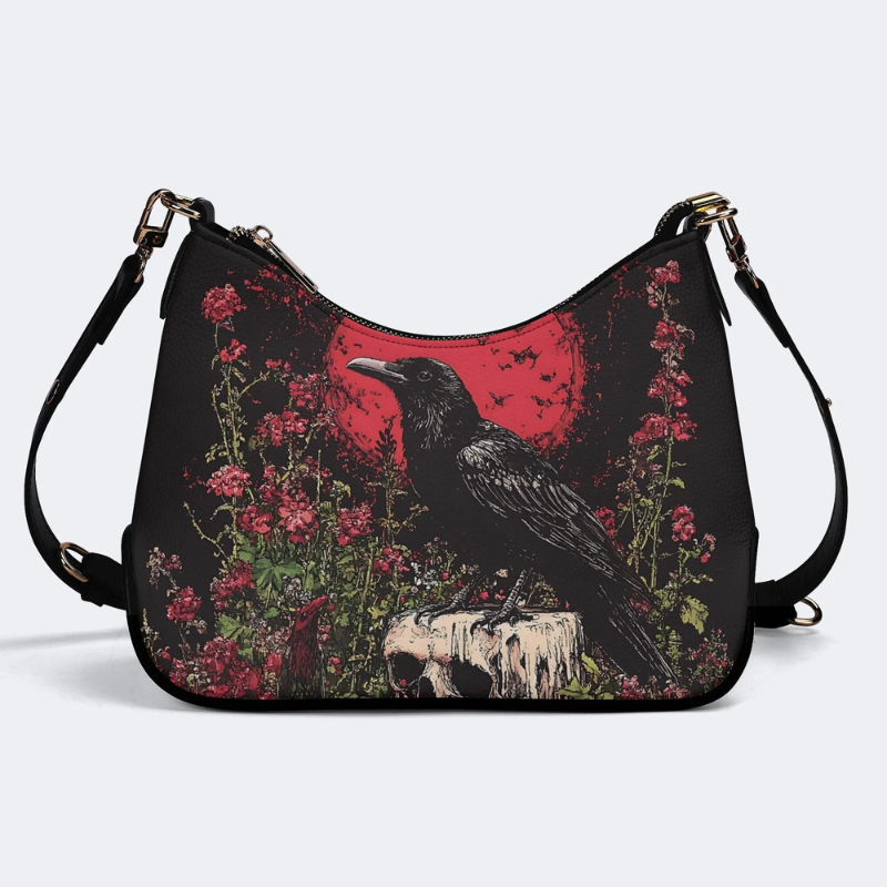 Crow Standing On Skull Print Leather Crossbody Bag_01