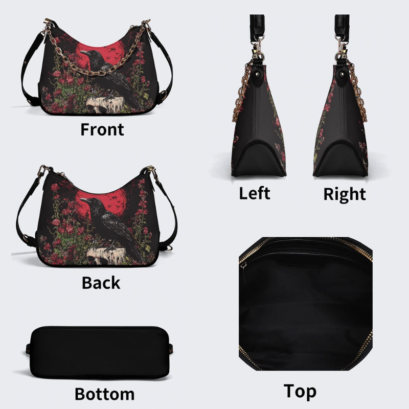 Crow Standing On Skull Print Leather Crossbody Bag_05