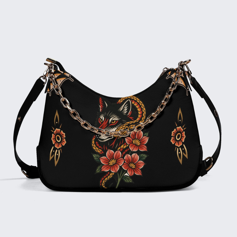 Wolf And Snake Print Leather Crossbody Bag