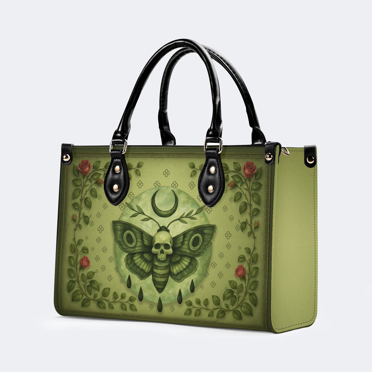 Green Death Moth Floral Print - Leather Handbag
