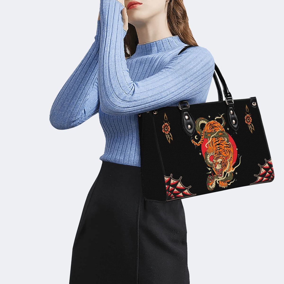 Tiger And Snake Print - Leather Handbag