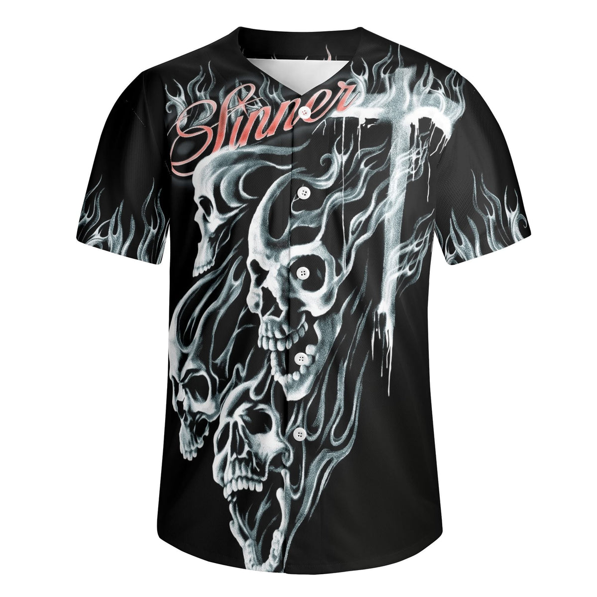 Flame Sinner Skulls - Men's Short Sleeve Baseball Jersey