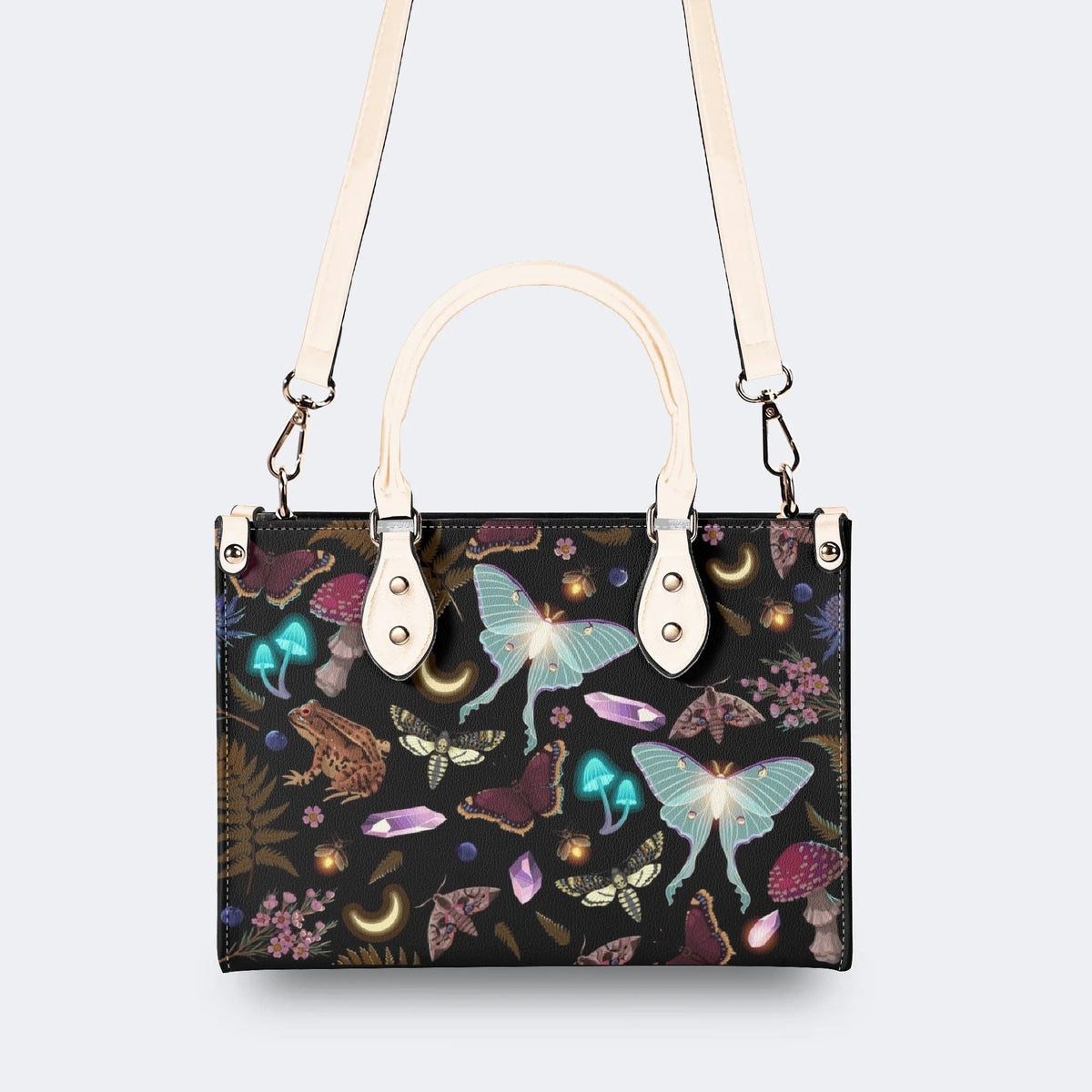 Fluorescent Moth And Botanical Print - Leather Handbag
