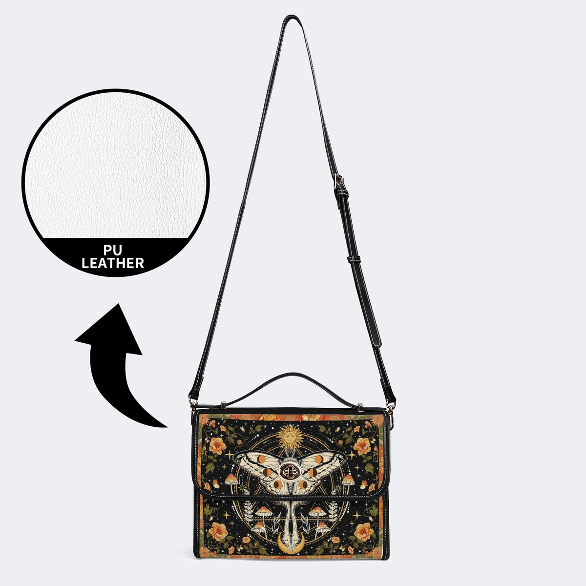 Retro Bohemian Sun Moon Star Moth - Leather Satchel Bag