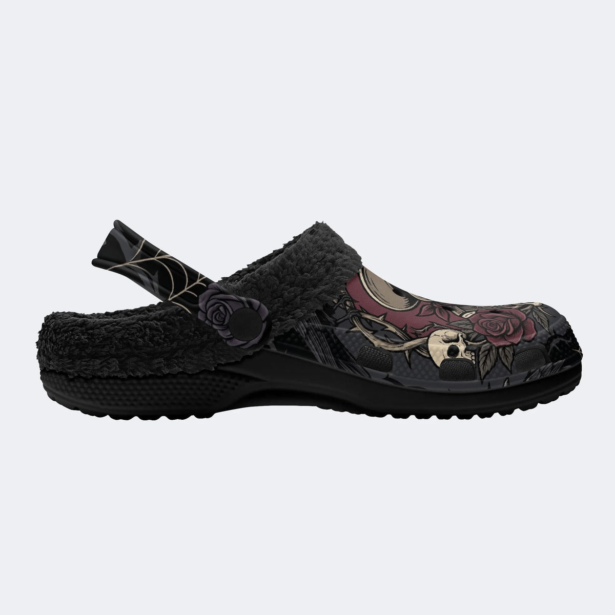 Gothic Cowboy Skeleton Thorn Rose Spider Web Cross‑Fur Lined Slippers/Sandals