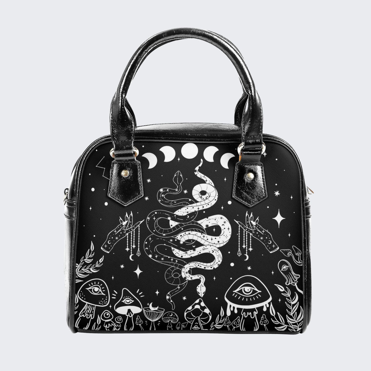 Classic Black And White Snake Print - Leather Shoulder Handbag
