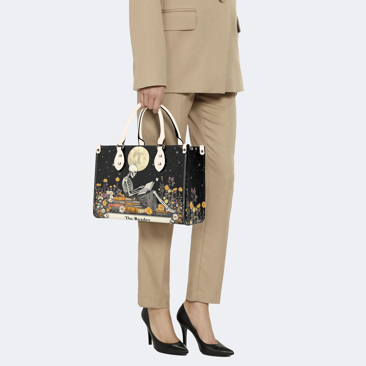 Skeleton Reading A Book Among Flowers - Leather Handbag