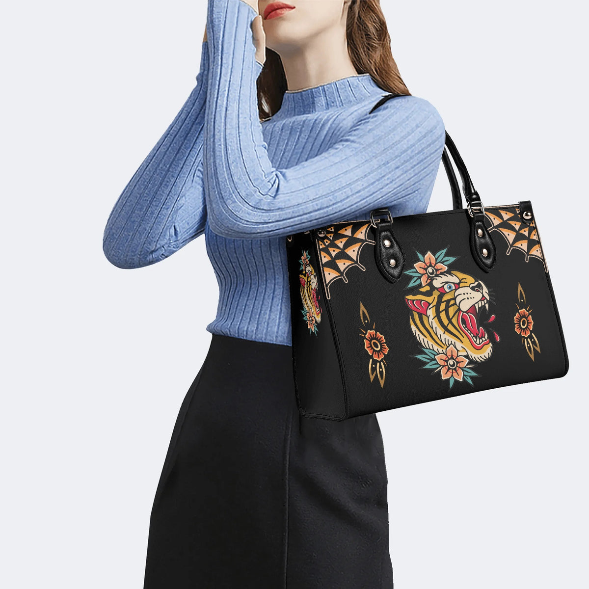 Flower Tiger Art Print - Leather Handbag