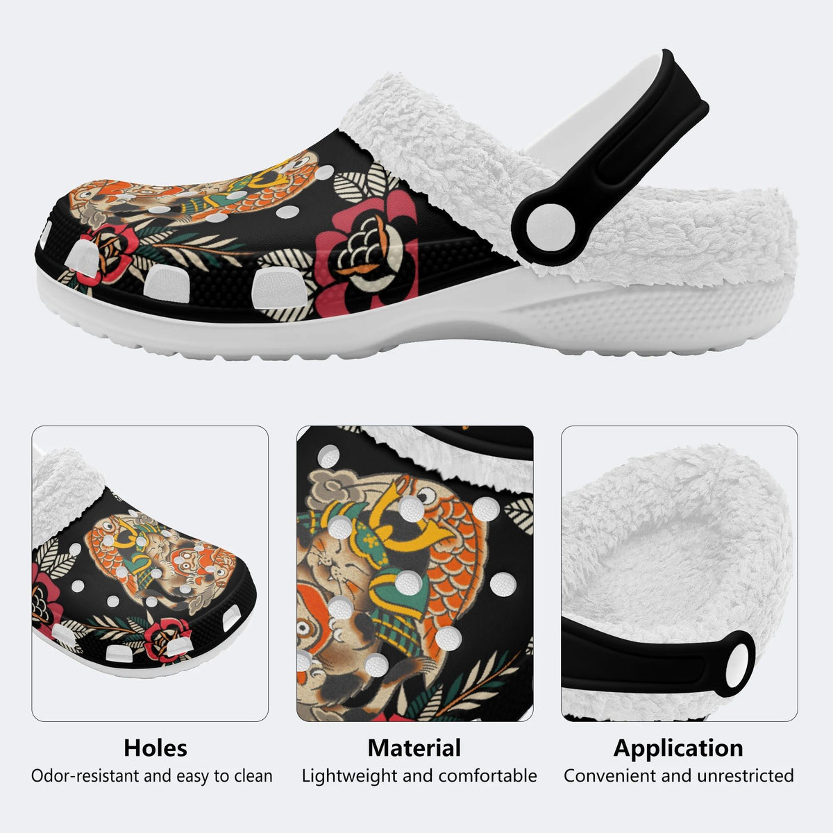 Japanese Lucky Cat Print - Fur Lined Slippers/Sandals