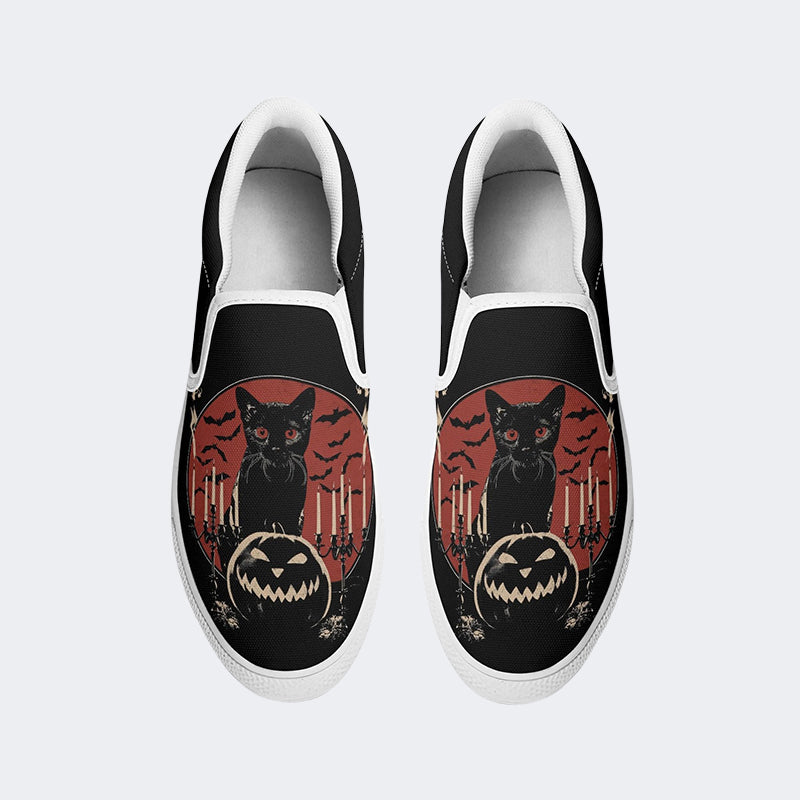 Halloween Pumpkin And Black Cat Print - Slip On Shoes