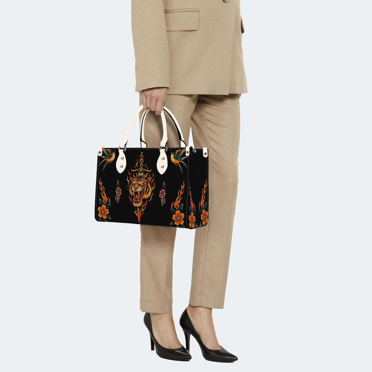 Old School Flame Tiger Print - Leather Handbag