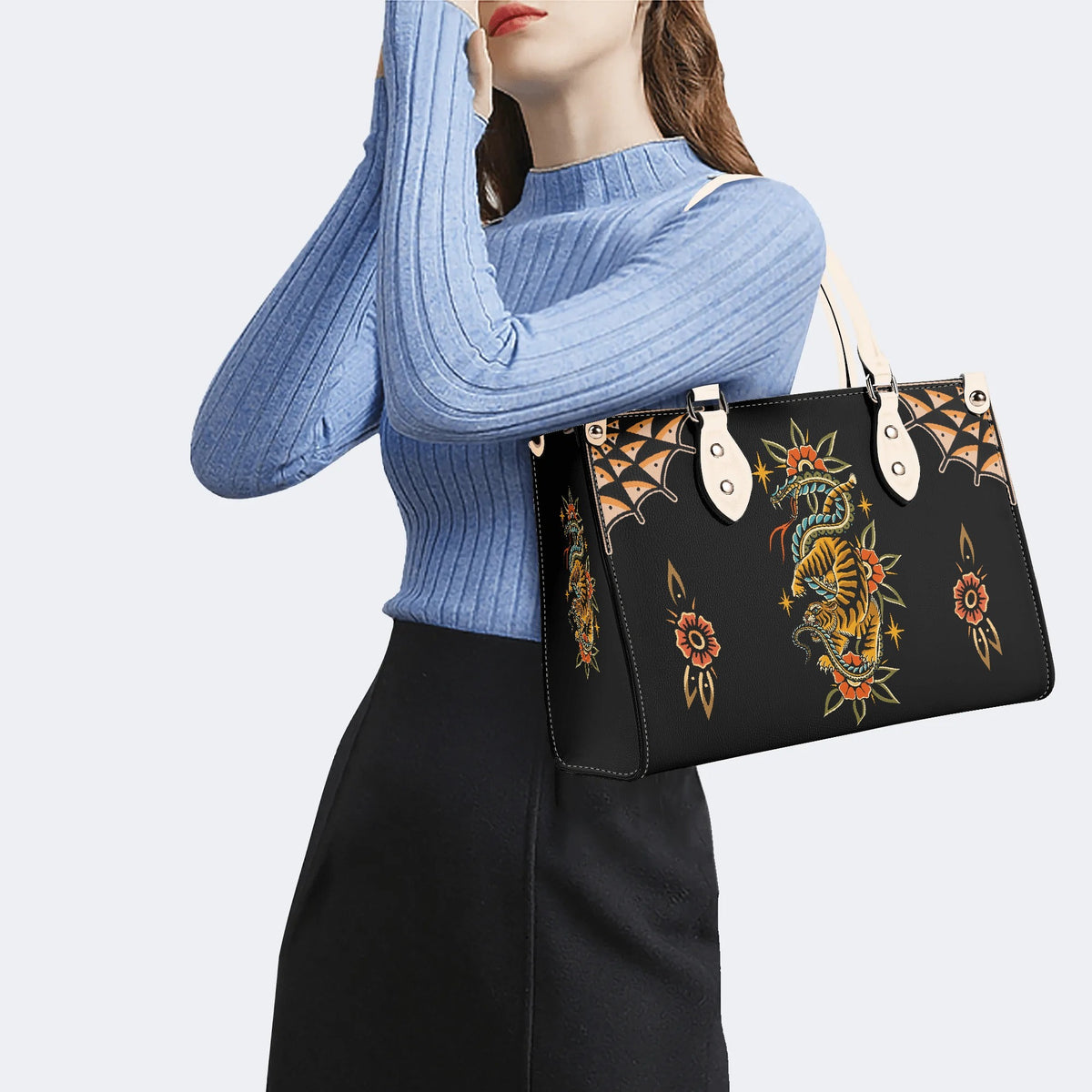 Vintage Snake And Tiger Print - Leather Handbag
