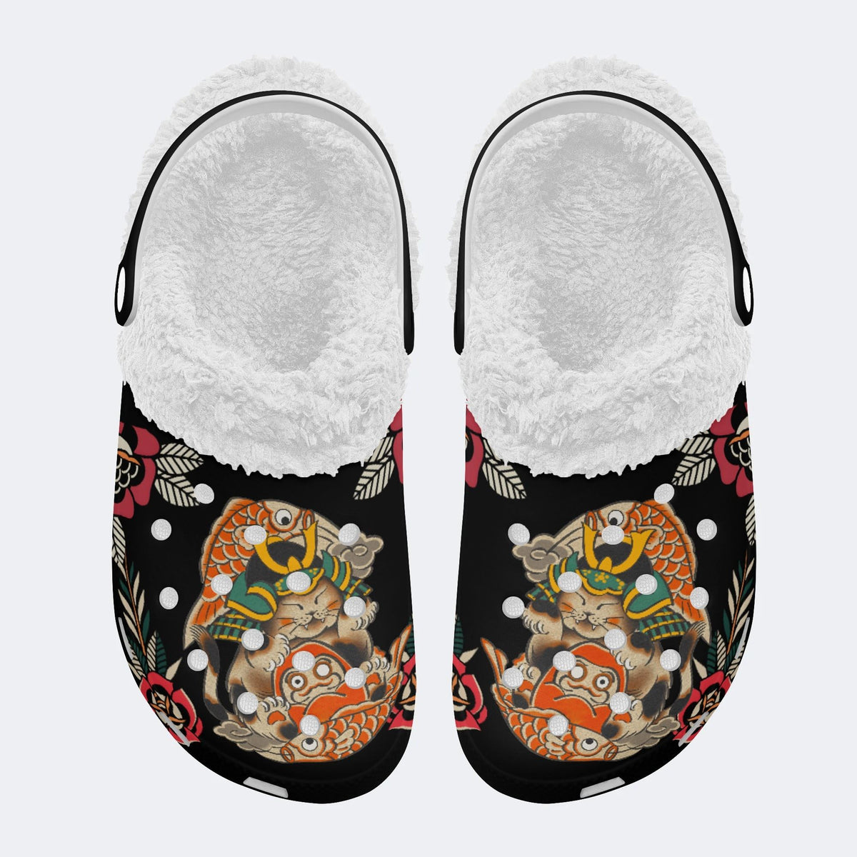 Japanese Lucky Cat Print - Fur Lined Slippers/Sandals