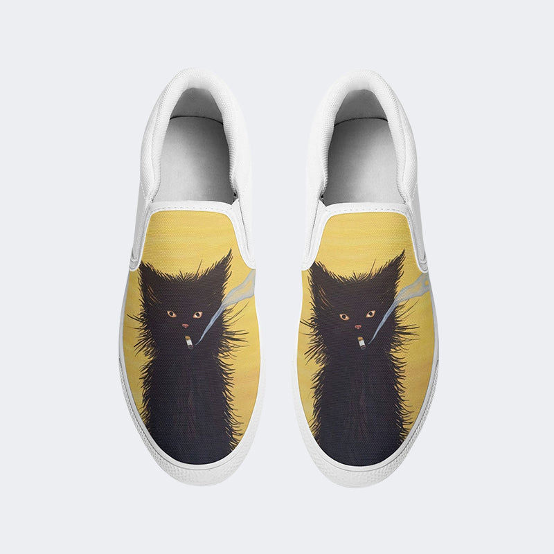 Smoking Black Cat Art Print - Slip On Shoes