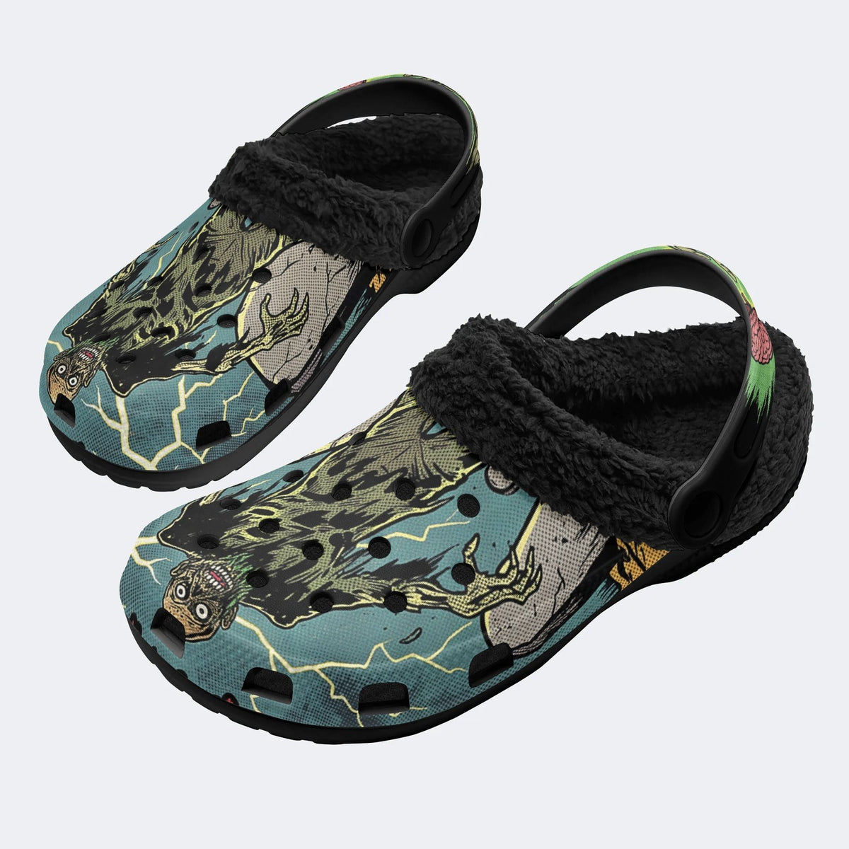 Gothic Horror Zombie Lightning Comic Art - Fur Lined Slippers/Sandals