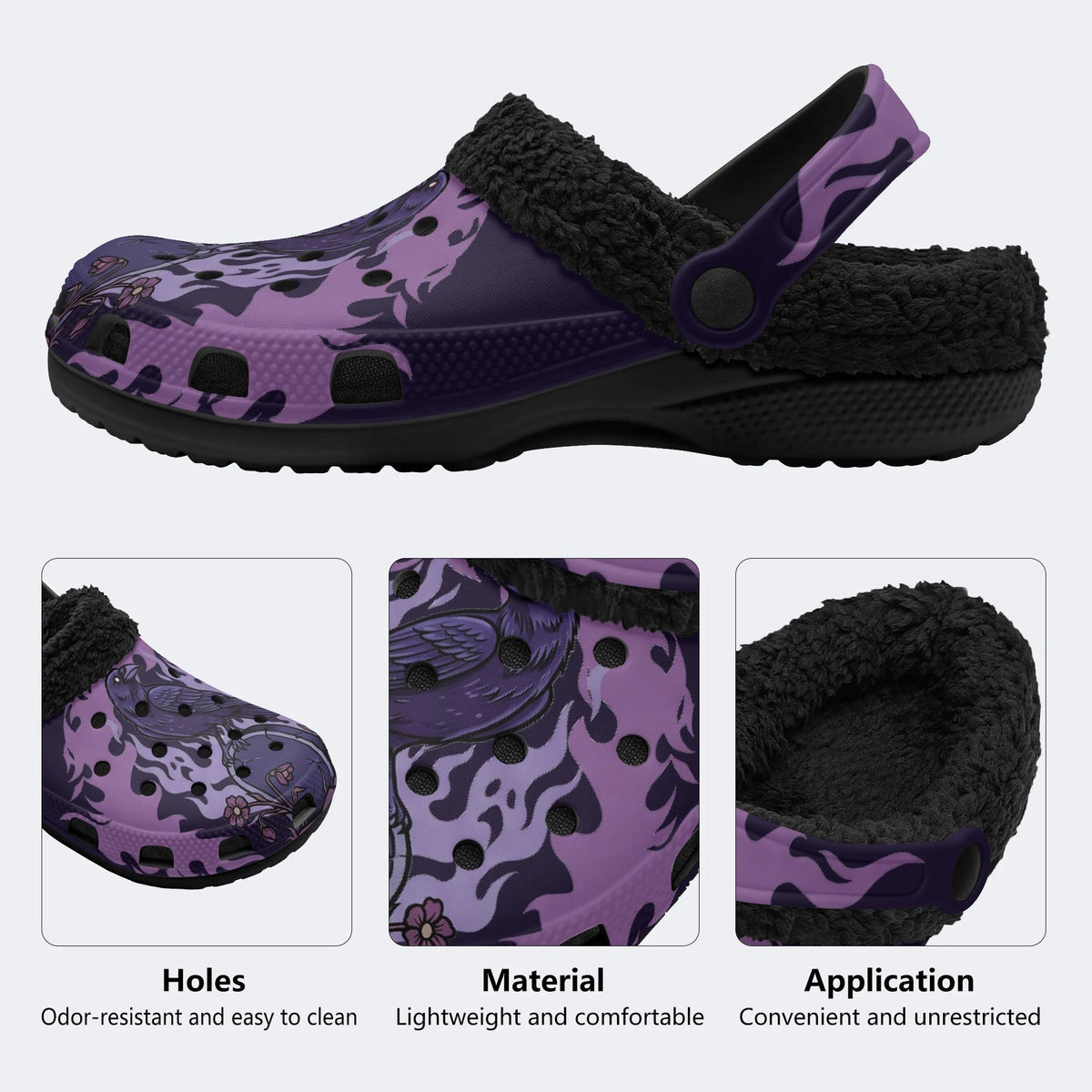 Gothic Raven Tombstone Purple Flame - Fur Lined Slippers/Sandals